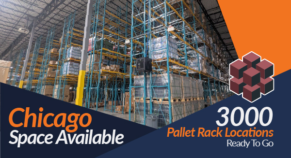 Promotional graphic showing warehouse racking in Chicago with 3,000 pallet rack locations available and ready to go.