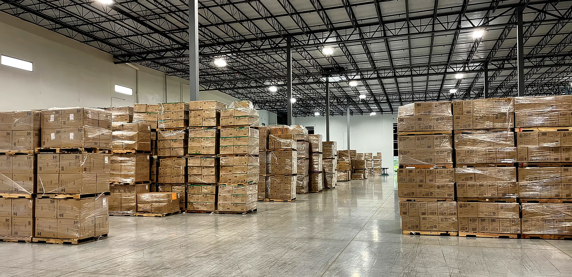 Palletized inventory organized inside GLC Distribution’s Chicago/Channahon, Illinois warehouse, supporting storage, inventory management, and fulfillment operations.