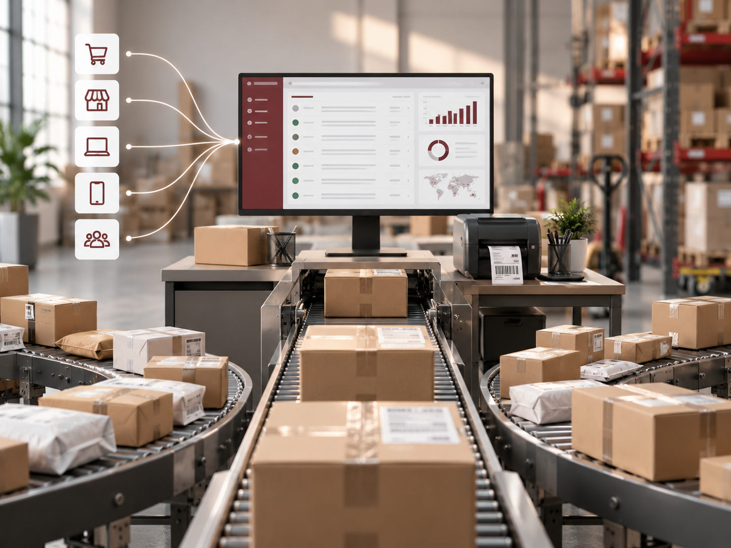 Warehouse conveyor belt with packages flowing past a WMS dashboard monitor showing omnichannel integrations
