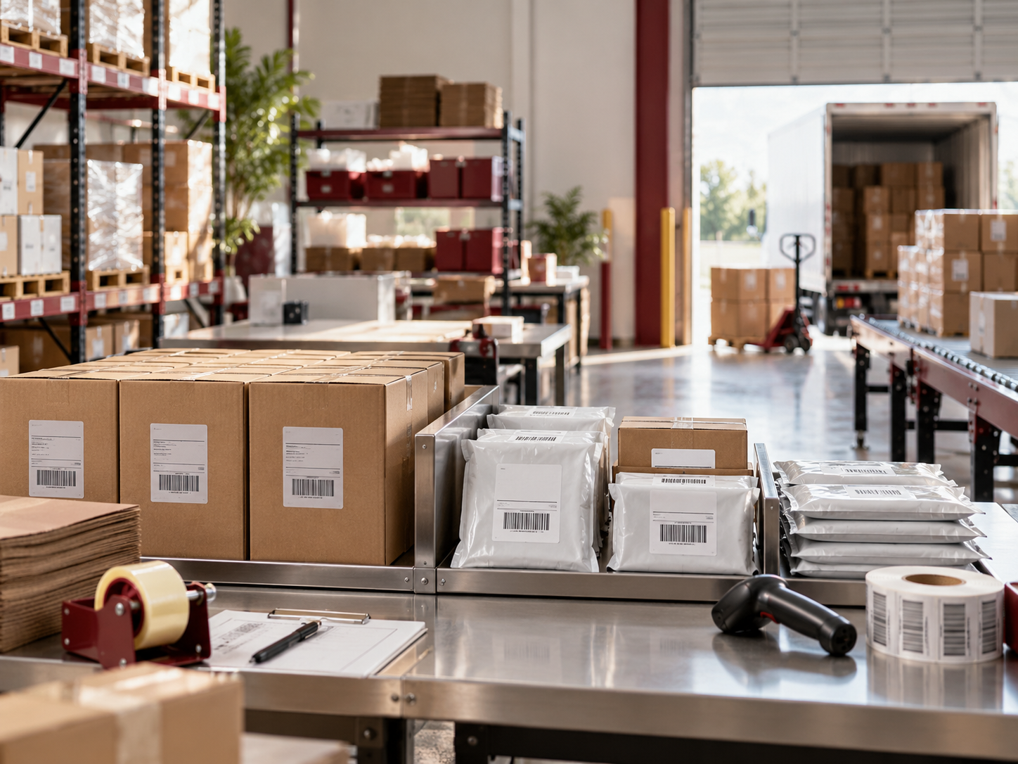 Warehouse packing station with labeled boxes and barcode scanner ready for FBA and FBT shipment