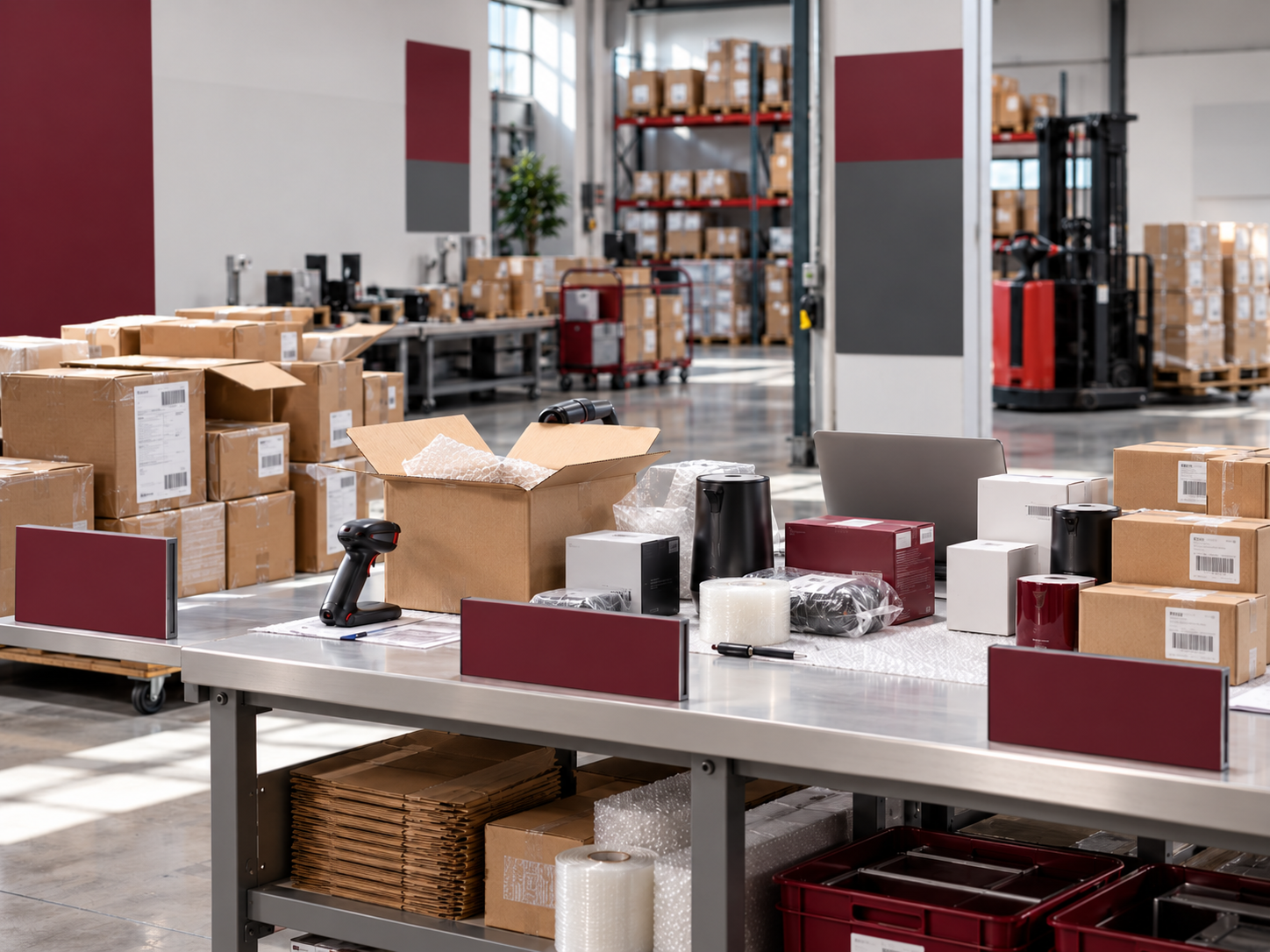 Warehouse inspection station with open boxes, barcode scanner, and products being evaluated for repackaging